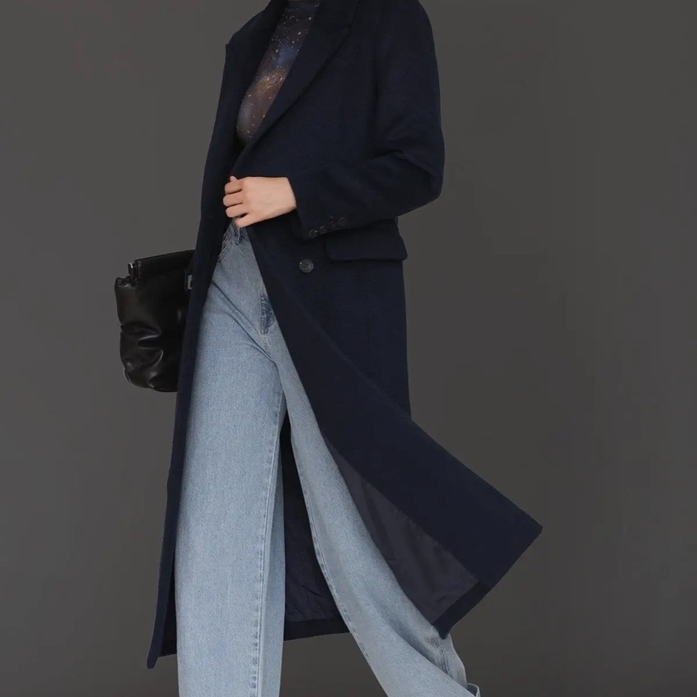 Avec Les Filles Navy Long Single-Breasted Wool Peacoat